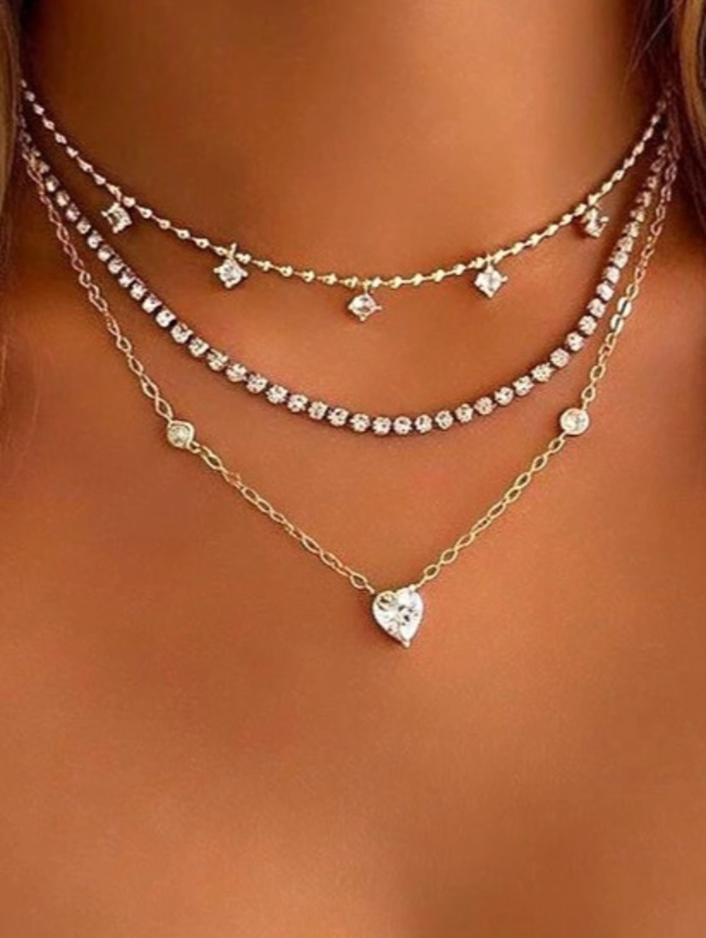 Exquisite Cubic Zirconia Heart Pendant Multi-Layer Tennis Necklace Set